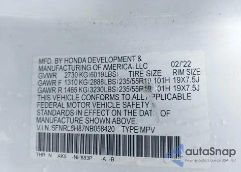 2022 Honda Odyssey Touring from USA, damaged, VIN 5FNRL6H87NB058420